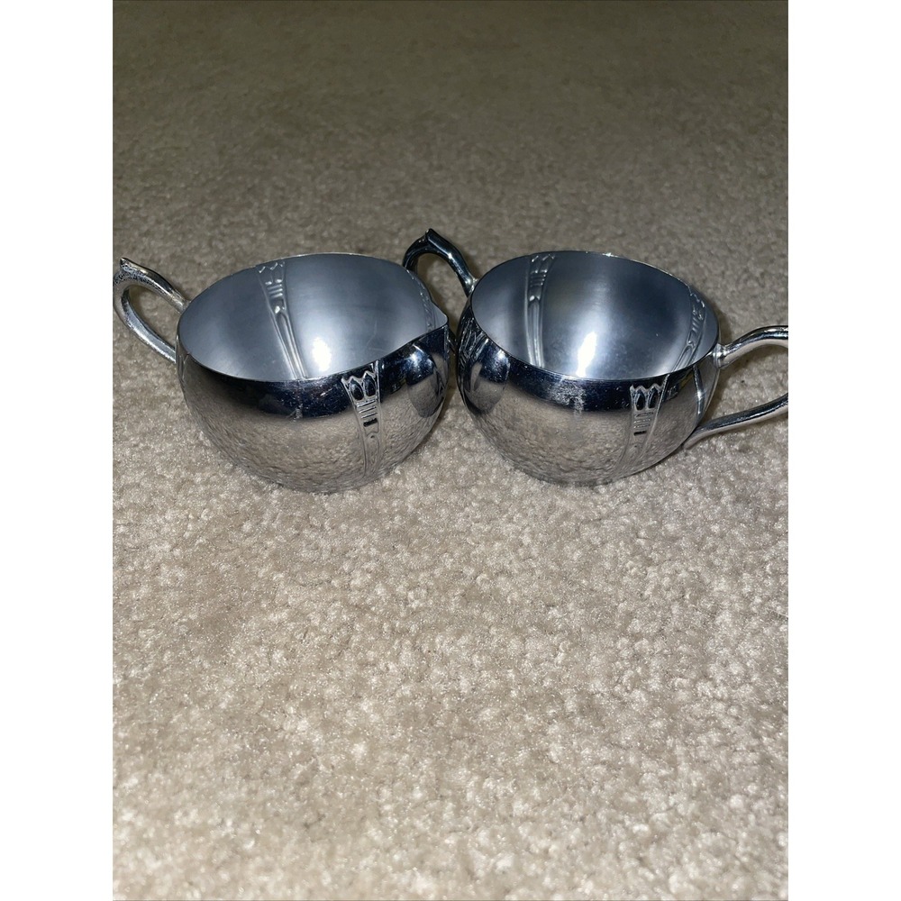 Vintage Aluminum Creamer and Sugar Bowl Set Art Deco Style Silver Tone 2 Piece